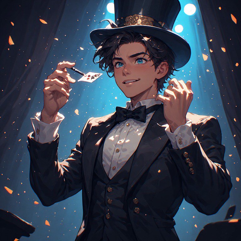 Anime-style magician in a tuxedo and top hat, twirling a playing card amid falling confetti.