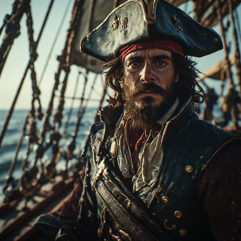 Pirate captain on a sailing ship with a tricorn hat and rugged beard at sea.