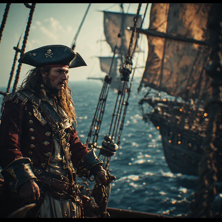 Pirate captain in period costume on a ship’s deck with rigging and the open sea behind.