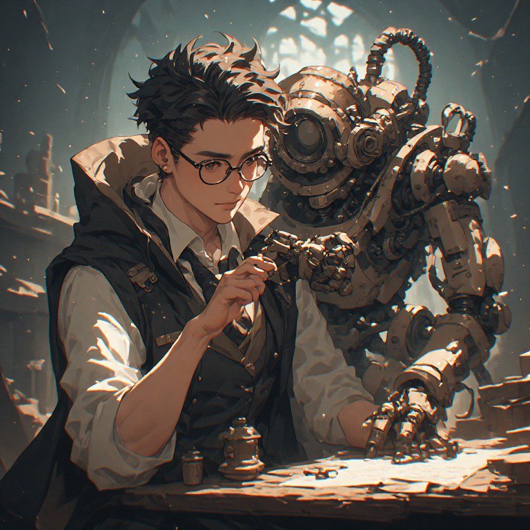 Stylized steampunk scene featuring a bespectacled young inventor at a workshop with a large robot...