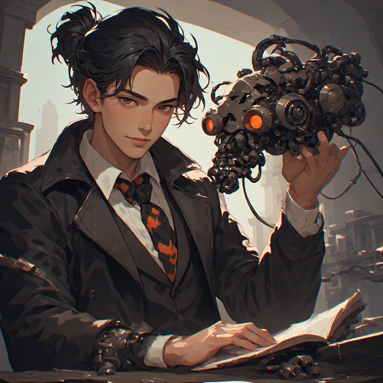 Stylized young man in a dark suit holding a complex steampunk device with orange-lit gears.