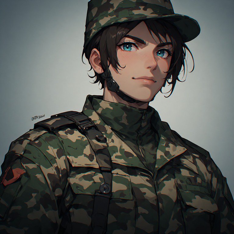 Anime-style female soldier in camouflage uniform with cap and tactical gear, blue eyes and short ...