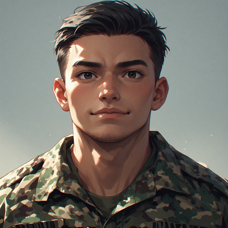 Digital painting of a young man in camouflage military uniform with short dark hair.