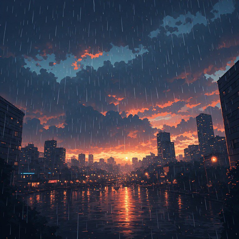 Rainy city skyline at sunset with reflections on wet streets and tall buildings.