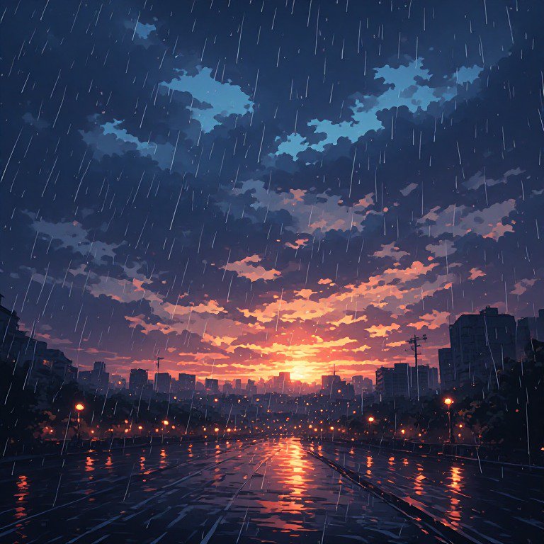 Rainy urban sunset over a reflective city street with glowing lights.