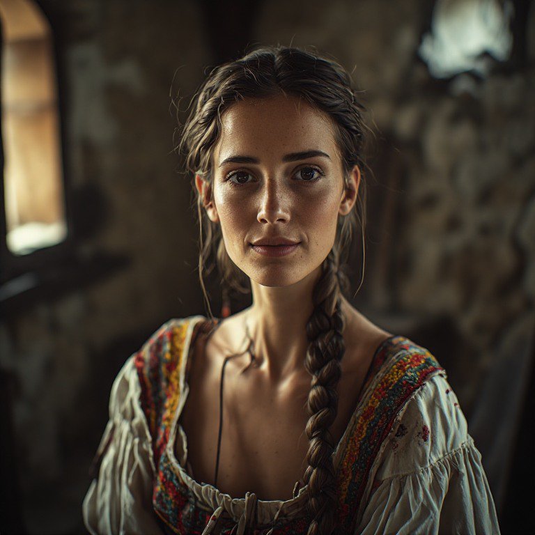 Portrait of a young woman with a braided hairstyle wearing a colorful embroidered folk dress in a...