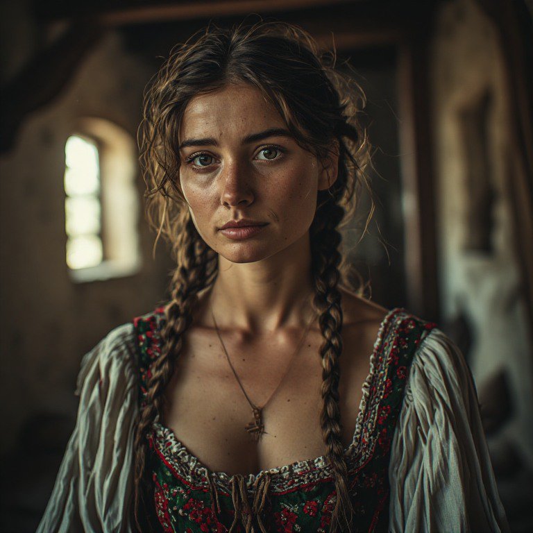 Young woman with braided hair wearing a vintage floral dirndl in a dim rustic interior.