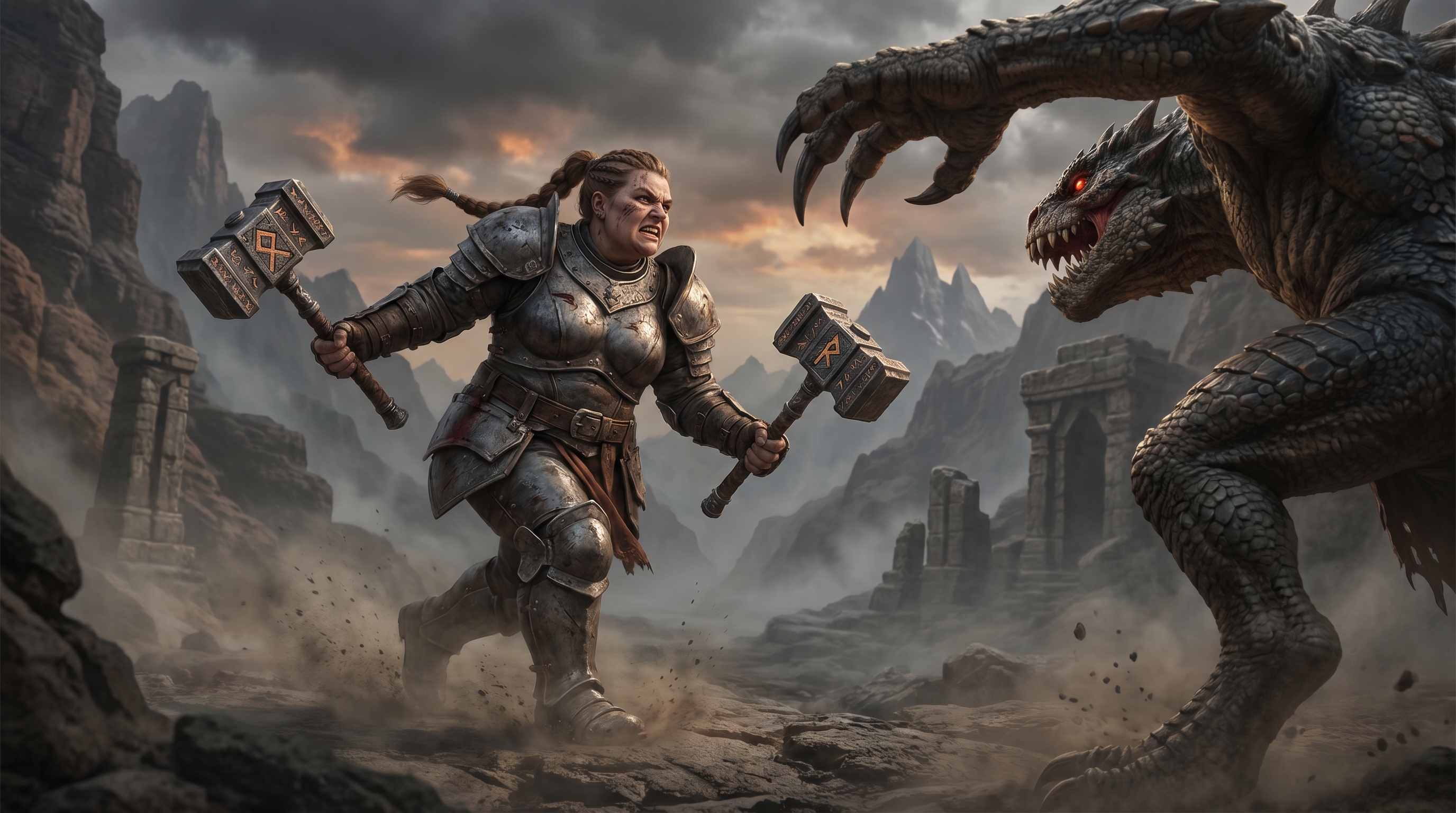 Armored female warrior battles a fearsome dragon in a rocky ruins landscape.