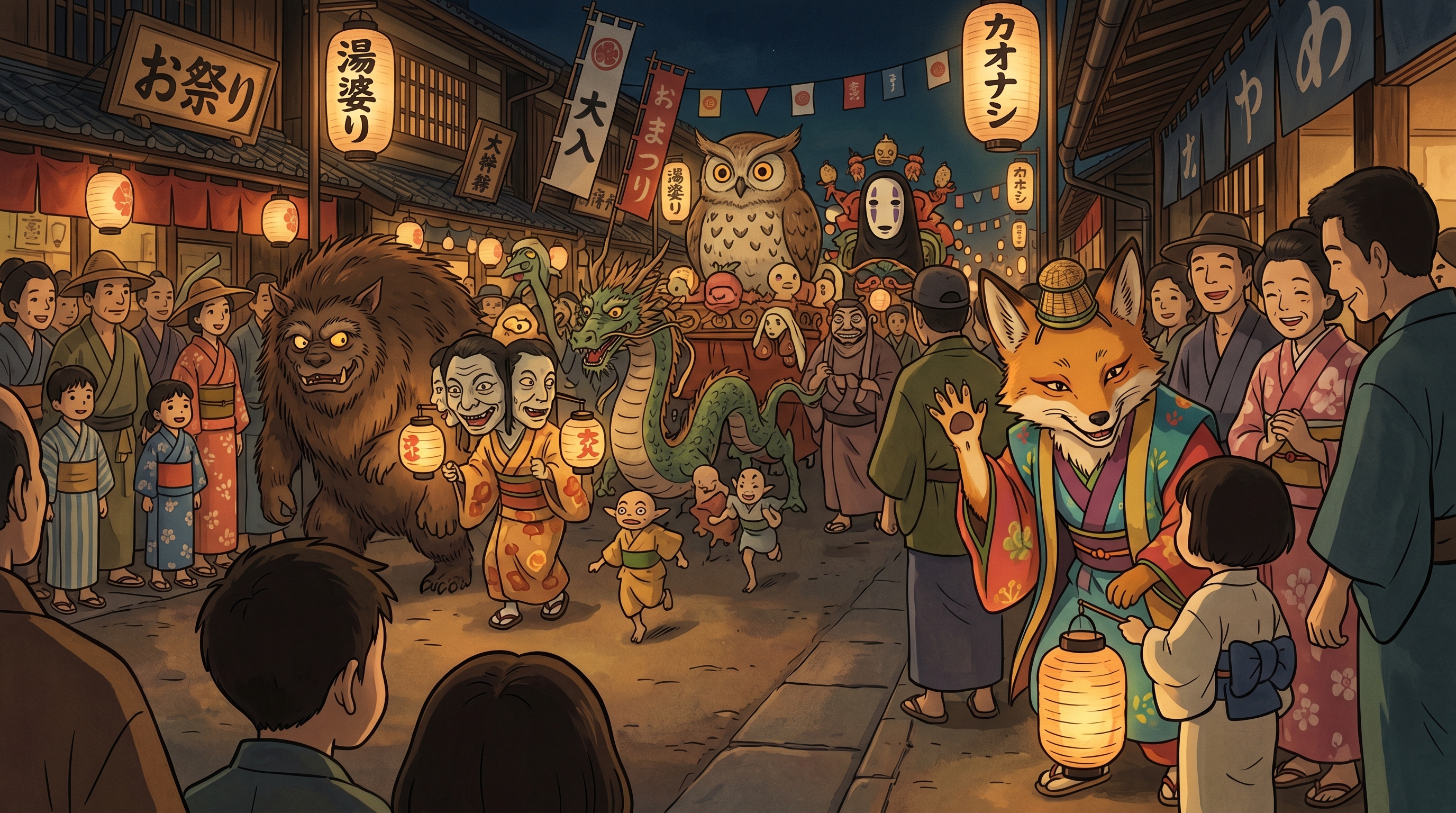 Night festival in Japan with lanterns and fantasy creatures like fox, owl, dragon, and bear among crowds.