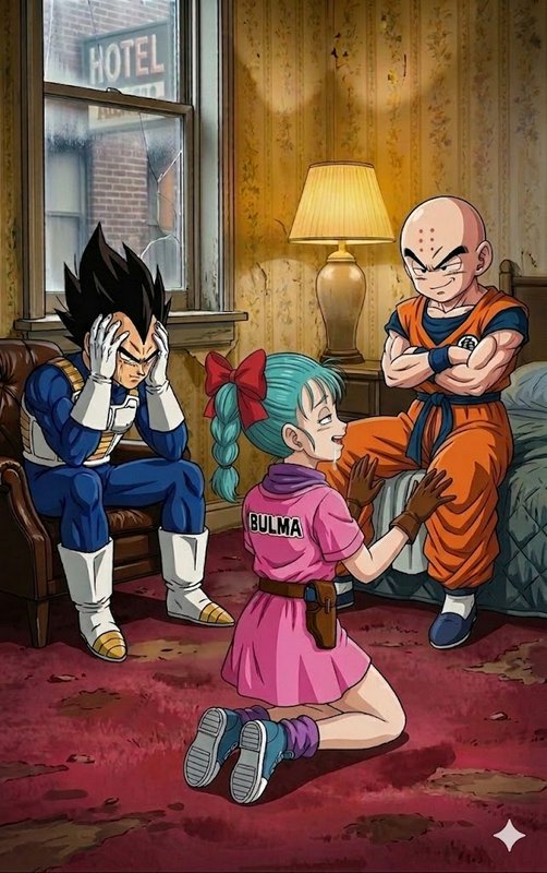 Bulma kneeling and pleading to Krillin and Vegeta in a retro hotel room.