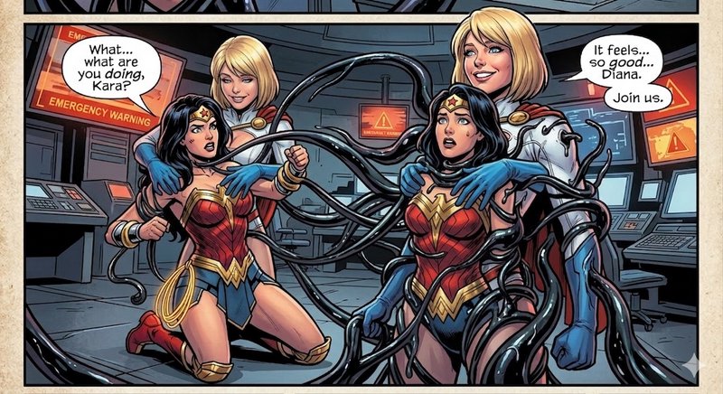 Wonder Woman and a fellow hero restrained by dark tendrils in a high-tech lab scene.