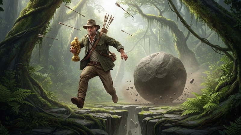 Adventurer in a jungle sprinting from a rolling boulder while holding a golden idol.