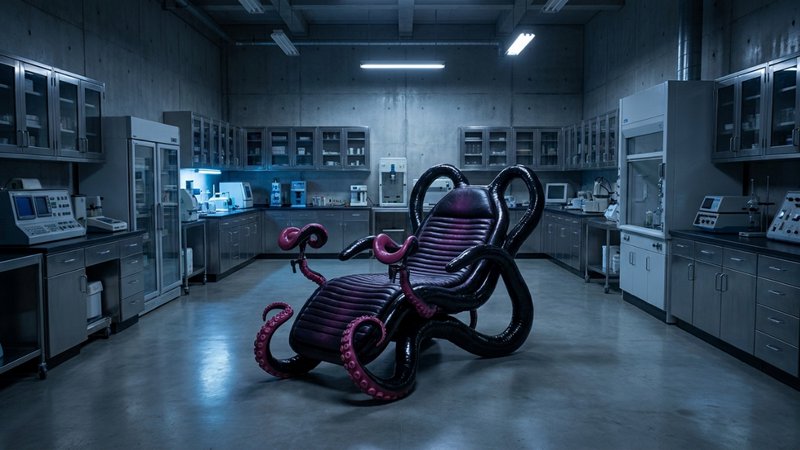 Futuristic black and purple octopus-themed chair in a modern laboratory.