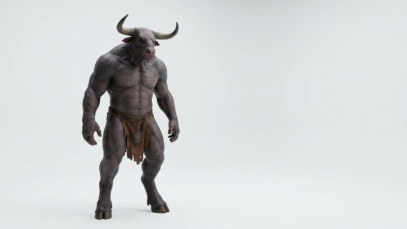 Muscular gray minotaur humanoid with horns wearing a brown loincloth against a white studio backg...