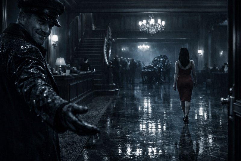 A mysterious man in a hat reaches out in a dark, rain-soaked hotel lobby as a woman in a red dres...
