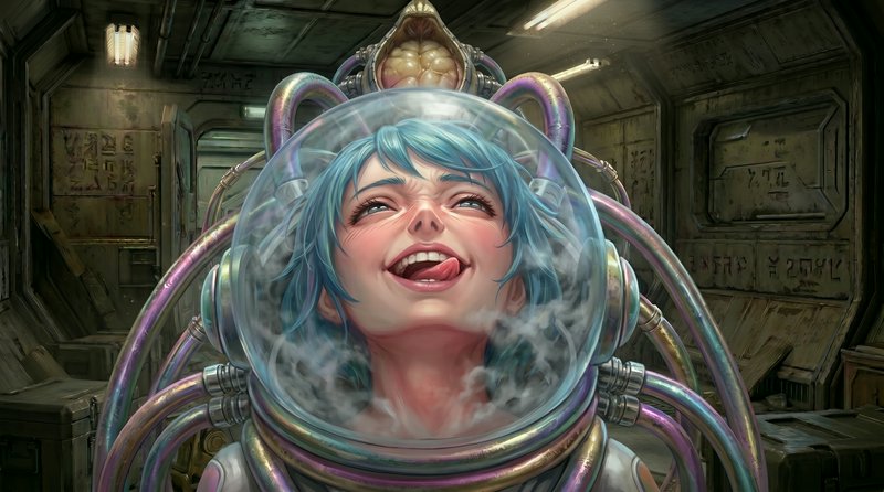 Smiling blue-haired girl in a futuristic space helmet inside a sci-fi lab.