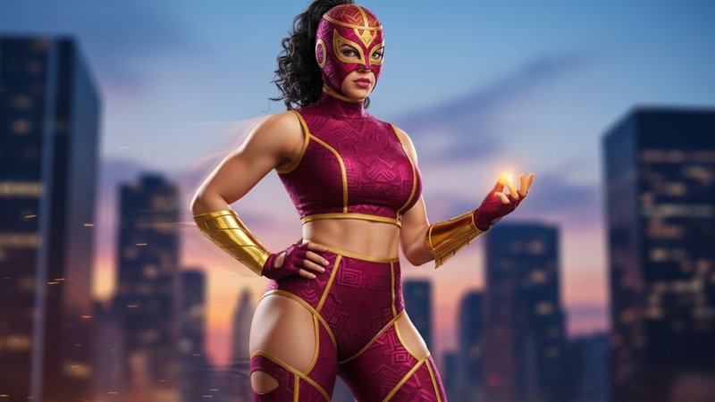 Female superhero in magenta mask and suit stands in a cityscape at dusk with a power pose.
