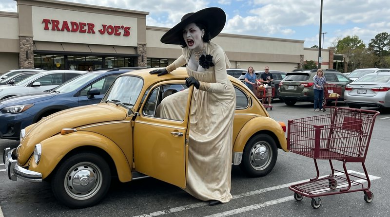 Person in a beige vintage dress and large black hat leaning from a yellow VW Beetle in a Trader J...