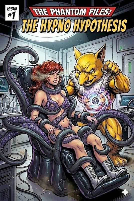 Comic book cover with a seductively dressed woman restrained by tentacles in a sci-fi lab, facing...