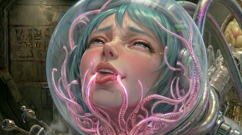 Close-up of a woman with teal hair encased in a transparent bubble helmet with pink tentacle-like...
