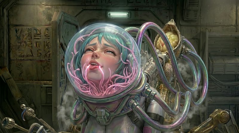 Woman in a high-tech spacesuit with pink-tinted tubes connected to her helmet, in a dim sci-fi la...