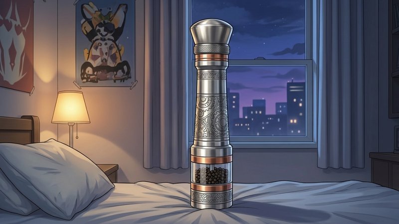 Ornate tall pepper grinder standing upright on a bed in a dimly lit bedroom.