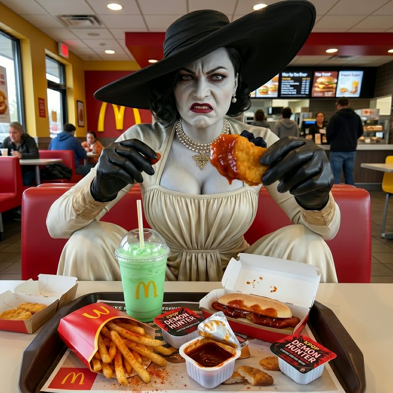 Gothic zombie queen in a beige dress and wide hat at McDonald’s, holding chicken nugget and fry w...