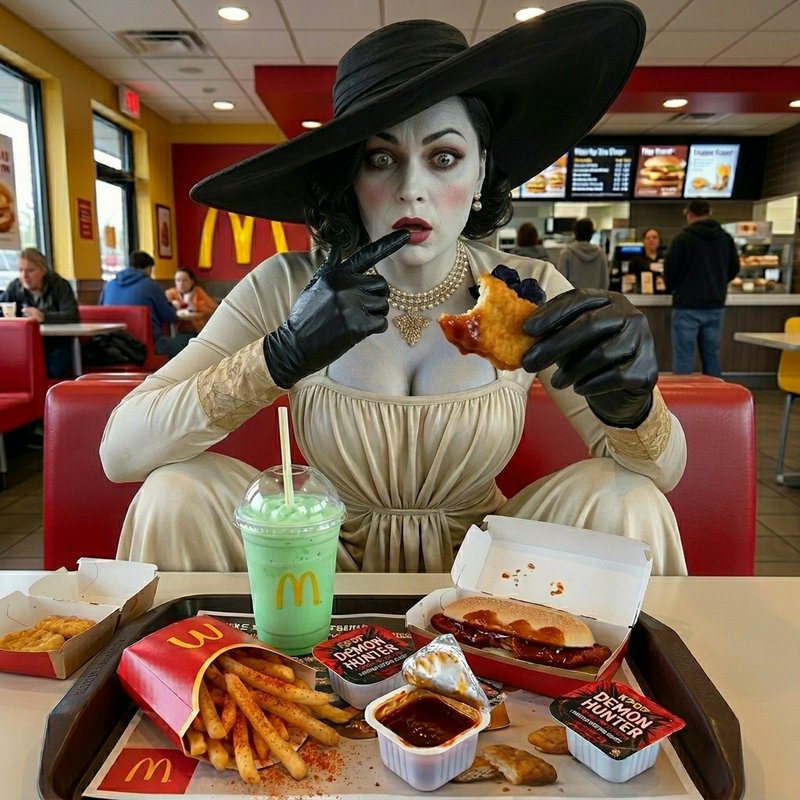 Gothic-costumed woman with a wide hat and gloves at McDonald's, eating a nugget.