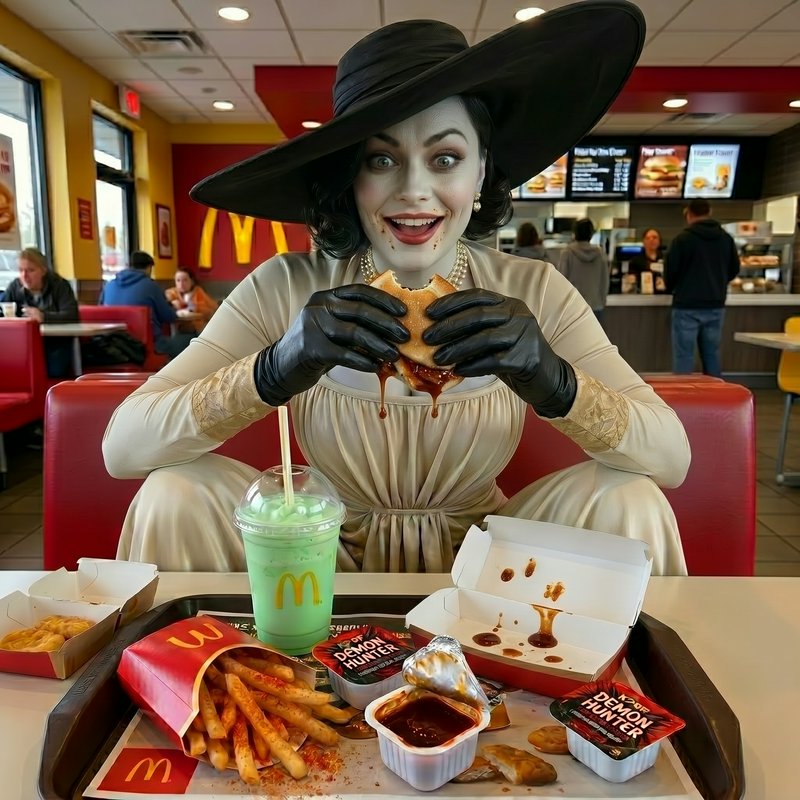 Costumed witch in a wide-brim hat wearing a beige dress, eating a burger at McDonald's.