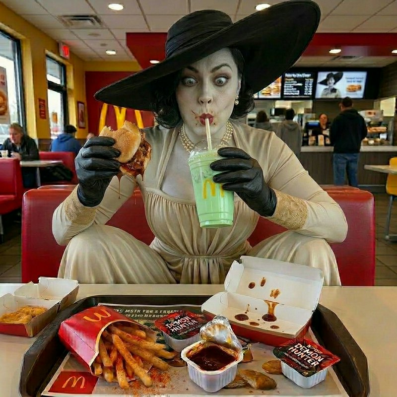 Gothic woman in a wide-brim hat and gloves enjoys a McDonald's meal with a green drink.