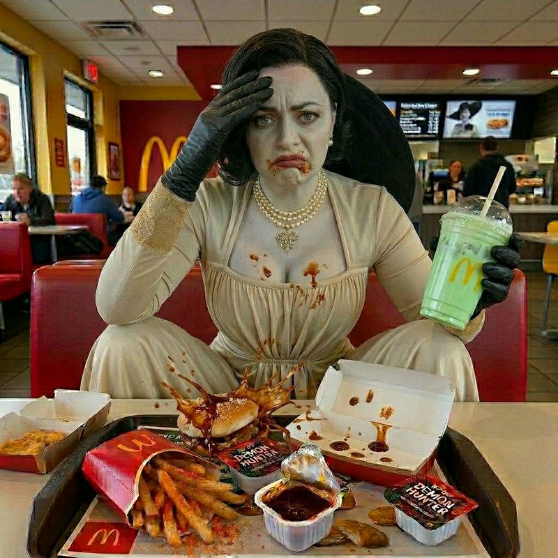 Woman in an elegant vintage dress with gloves and pearls, smeared makeup, seated at McDonald's wi...