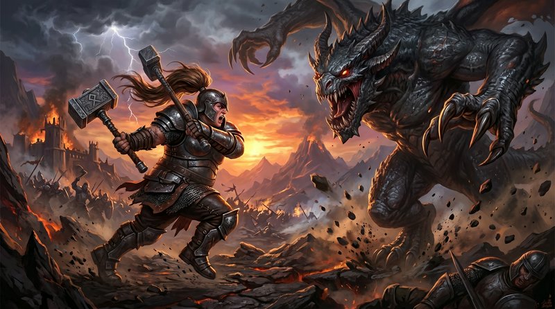 Armored knight clashes with a ferocious dragon in a fiery battlefield.