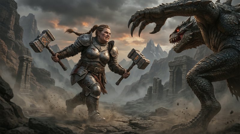 Armored female warrior battles a fearsome dragon in a rocky ruins landscape.