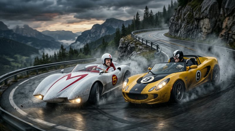 Two vintage open-top race cars racing on a wet, winding mountain road with dramatic cliffs and pi...
