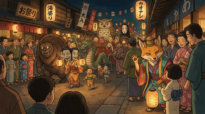 Night festival in Japan with lanterns and fantasy creatures like fox, owl, dragon, and bear among...
