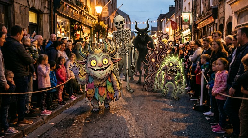 Colorful cartoon monsters parade down a crowded street at dusk, with spectators on either side.