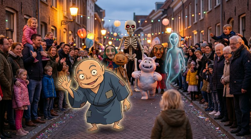 Crowded cobblestone street parade at dusk with colorful lanterns and mixing real people with cart...
