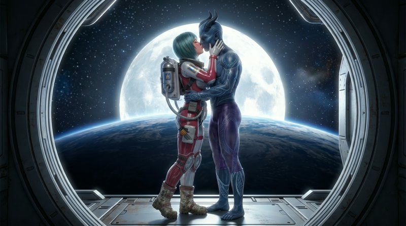 Two alien lovers in space suits kiss inside a spacecraft window with Earth and the Moon glowing i...