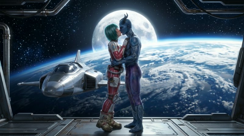 Blue alien and human-looking partner kissing aboard a spaceship with Earth and the Moon in the ba...