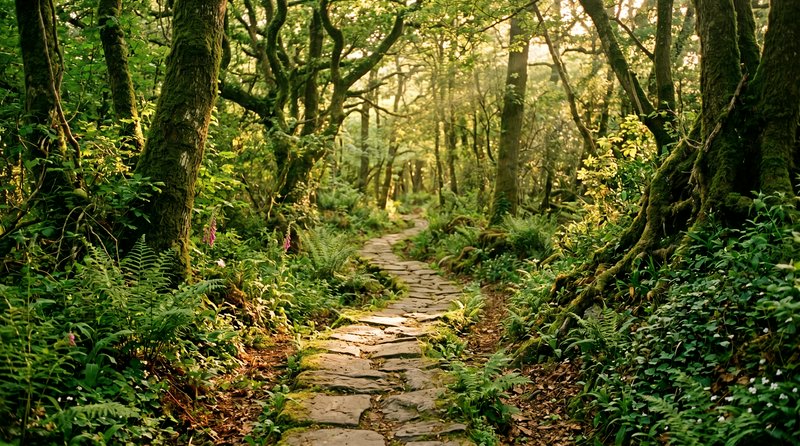 Stone path winding through a sunlit dense forest with green ferns and moss.