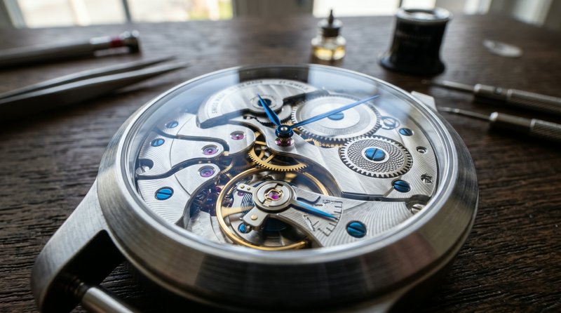 Close-up of a skeleton mechanical watch with visible gears and blue hands on a wooden workbench.