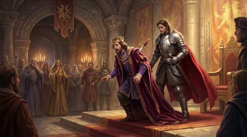 King in royal robes is crowned in a grand throne hall with a knight guarding him.