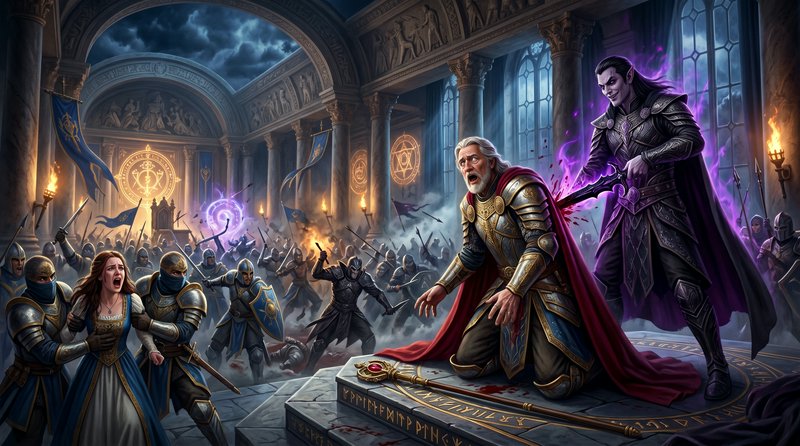 A dramatic fantasy throne room battle with a wounded king kneeling, a menacing sorcerer casting p...