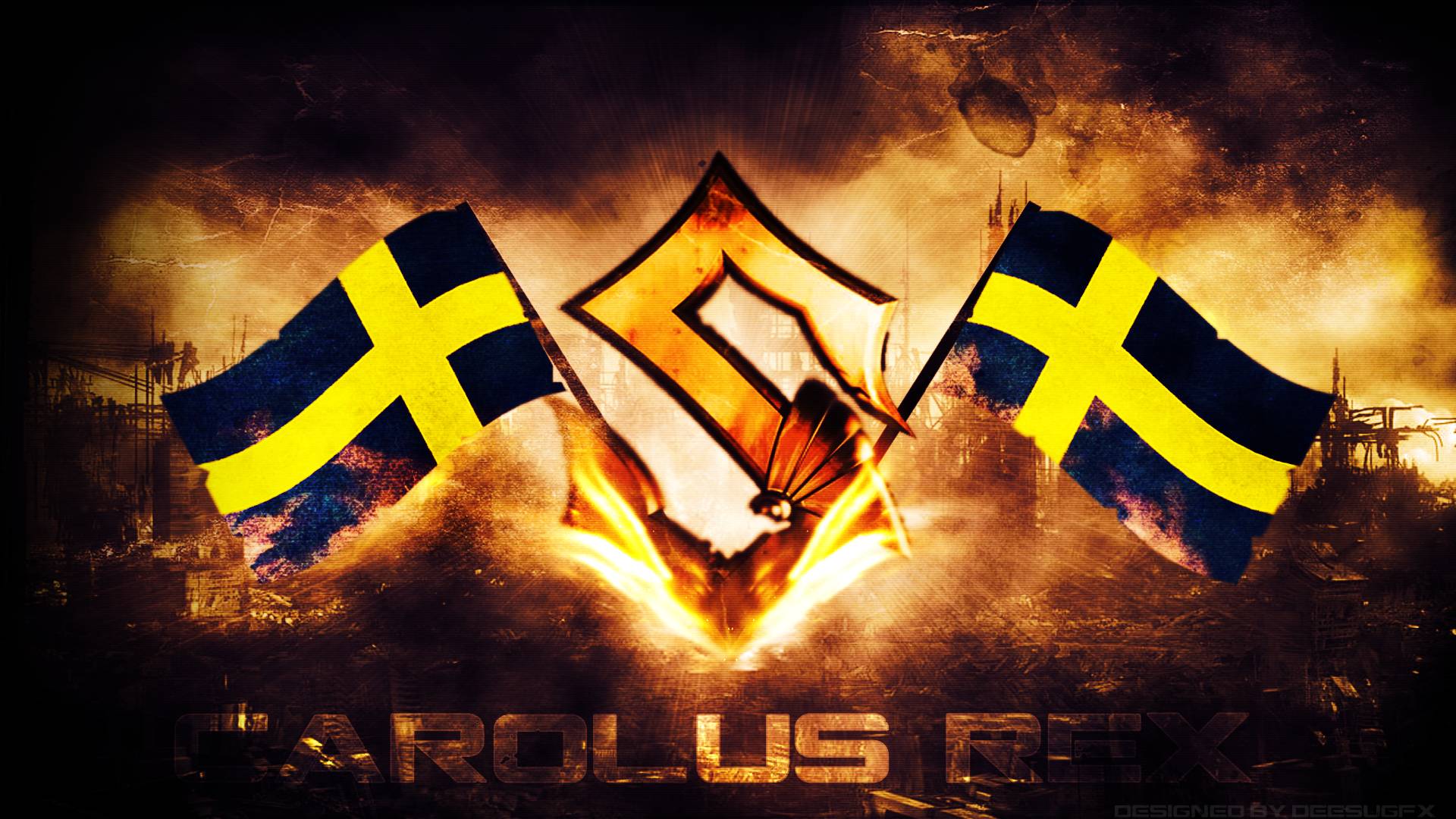 Fiery fantasy battle scene with glowing emblem, flanked by two Swedish flags against a smoky battlefield.
