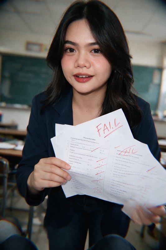 Young Southeast Asian student holds marked failing exam papers toward the camera in a classroom s...