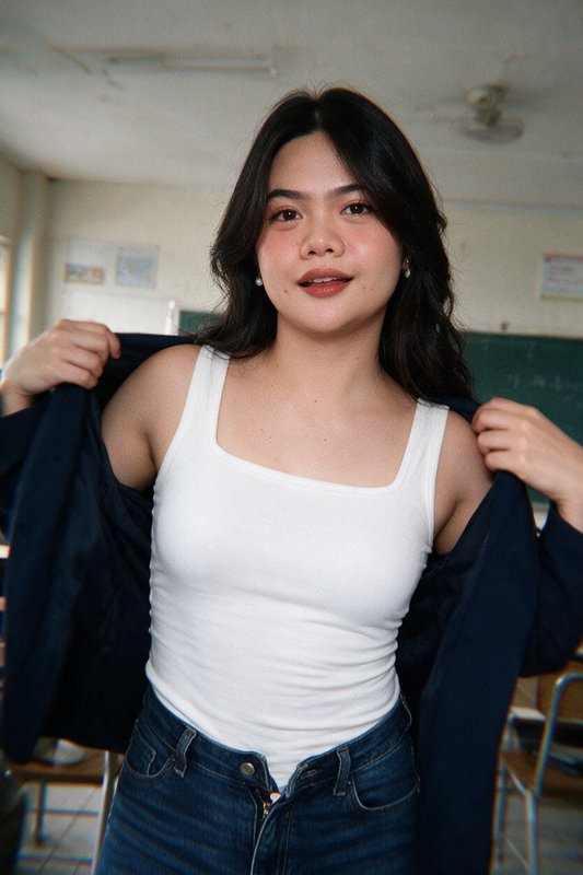 Young Filipina student adjusts her navy blazer, wearing a white tank top, posing in a sunlit clas...