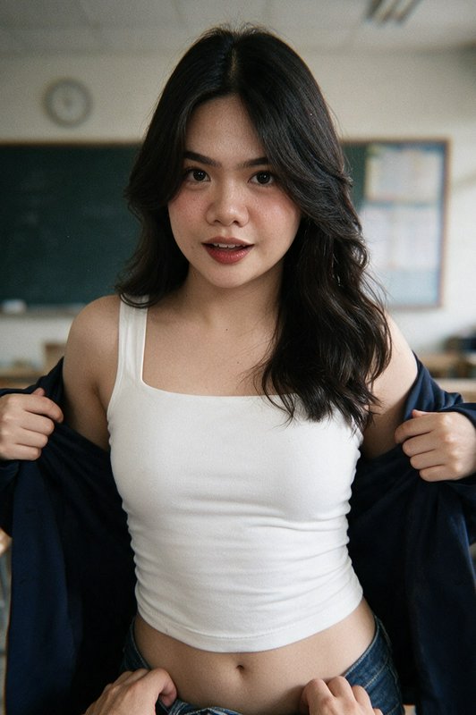 Portrait of young Southeast Asian woman in a classroom, wearing a white square neck crop top and ...