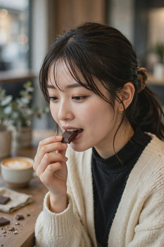 Young woman eating dark chocolate at a cozy wood cafe table, with a latte, soft warm indoor lighting
