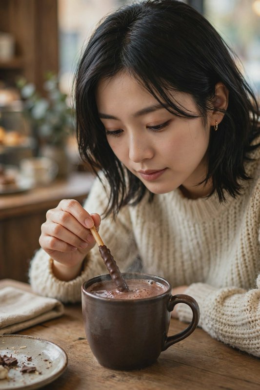 Young East Asian woman dipping a chocolate covered stick into steaming hot chocolate at a cozy ru...