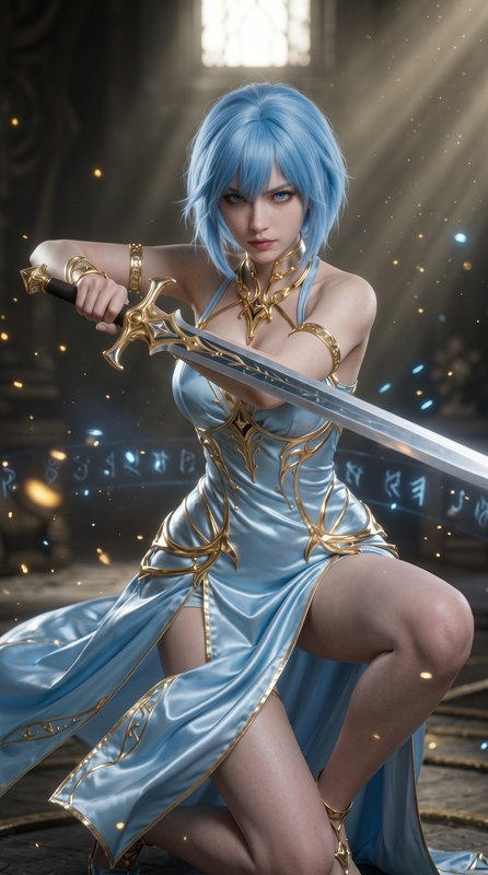 Battle-ready female fantasy warrior with short light blue hair holds an ornate gilded sword in a ...